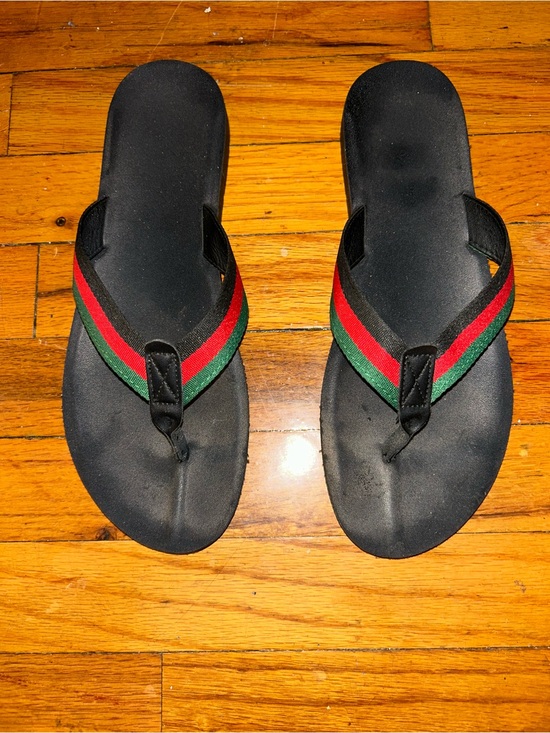 Shoes - Women’s Black Flip Flops with Red & Green Straps